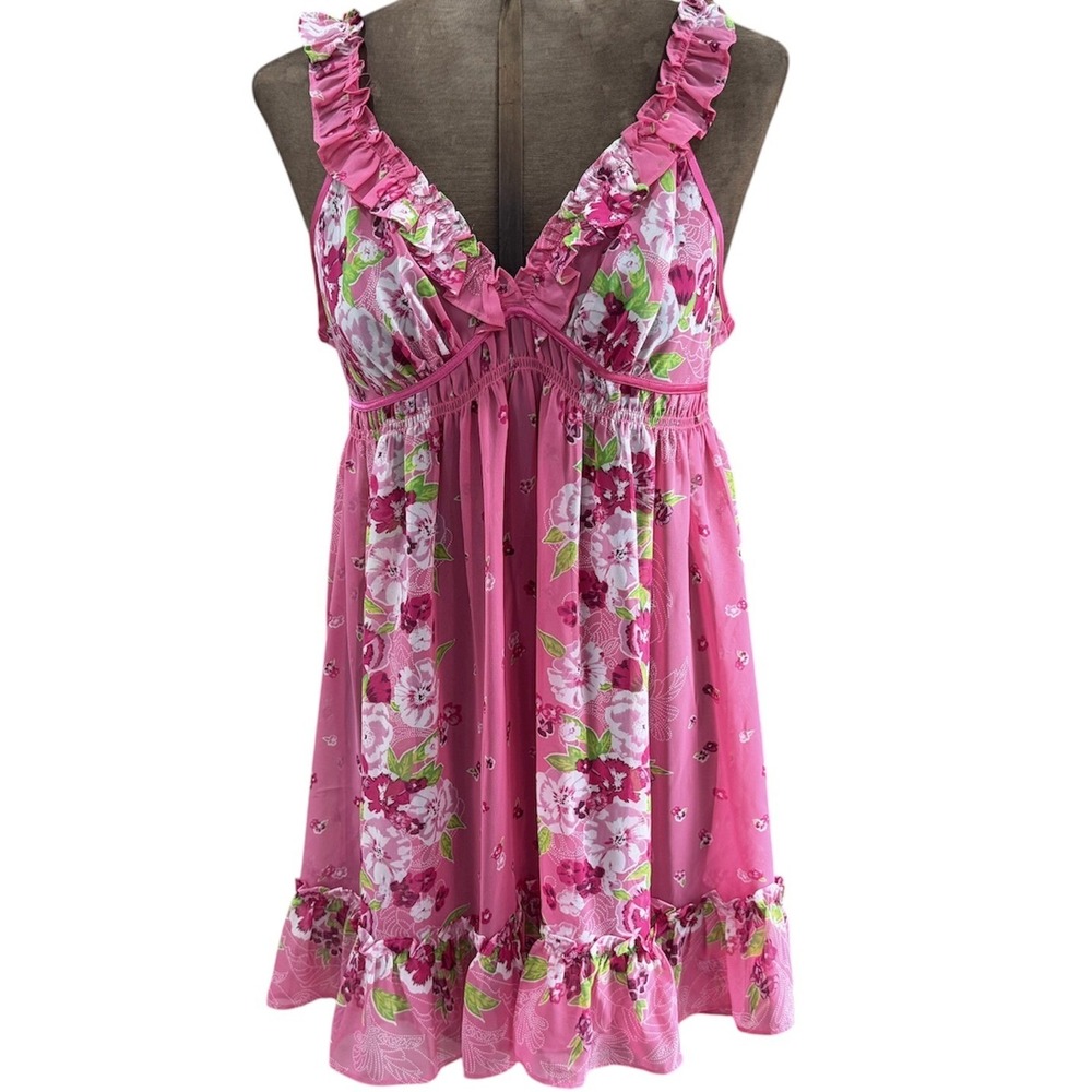 Betsey Johnson Intimates Pink Floral Babydoll Chemise S Y2K Coquette Sleepwear